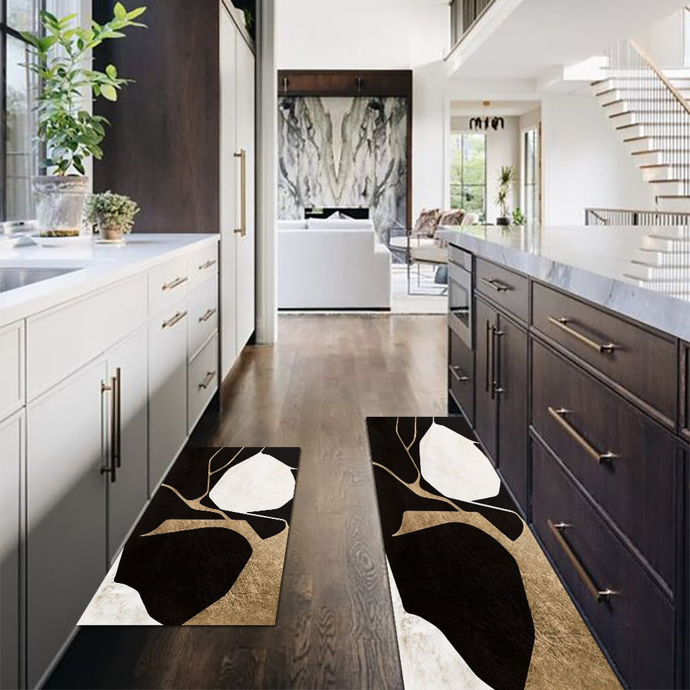 HMR - 2PCS Abstract Gold&Black Diatom Mud Running Mat Non-slip Absorbent Kitchen Rug Set