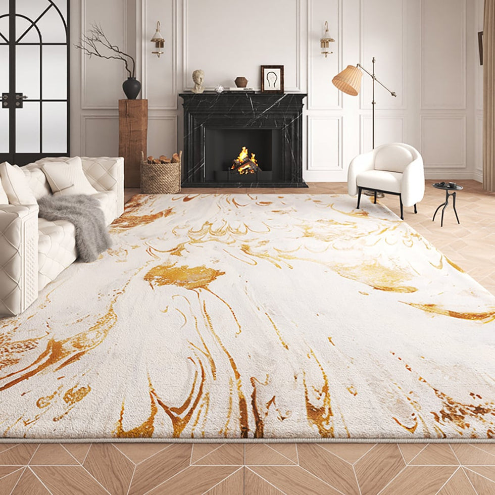 HMR - Gradient Gold Abstract Living Room Carpet Machine Washable Non-slip Waterproof Area Rug