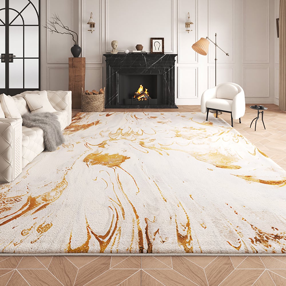 HMR - Gradient Gold Abstract Living Room Carpet Machine Washable Non-slip Waterproof Area Rug