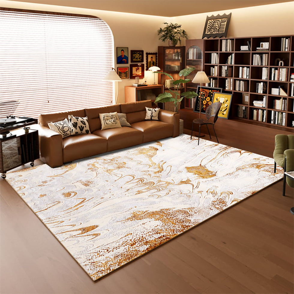 HMR - Gradient Gold Abstract Living Room Carpet Machine Washable Non-slip Waterproof Area Rug
