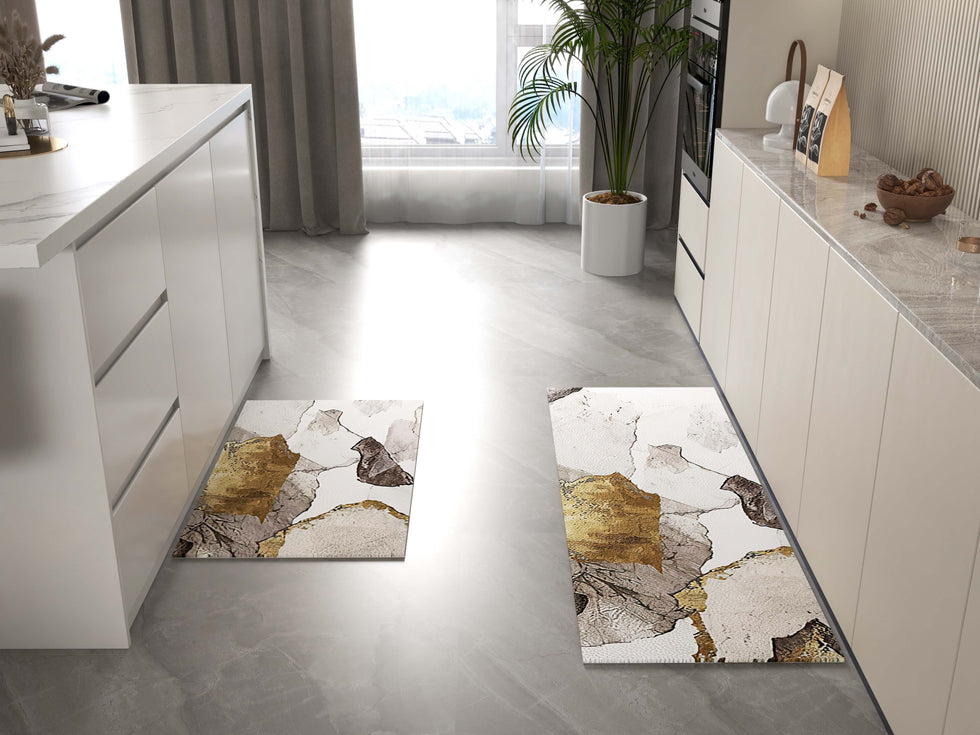 HMR - 2 Pieces Modern Gold Kitchen Runner Mats Non-slip Abstract Kitchen Mat Set