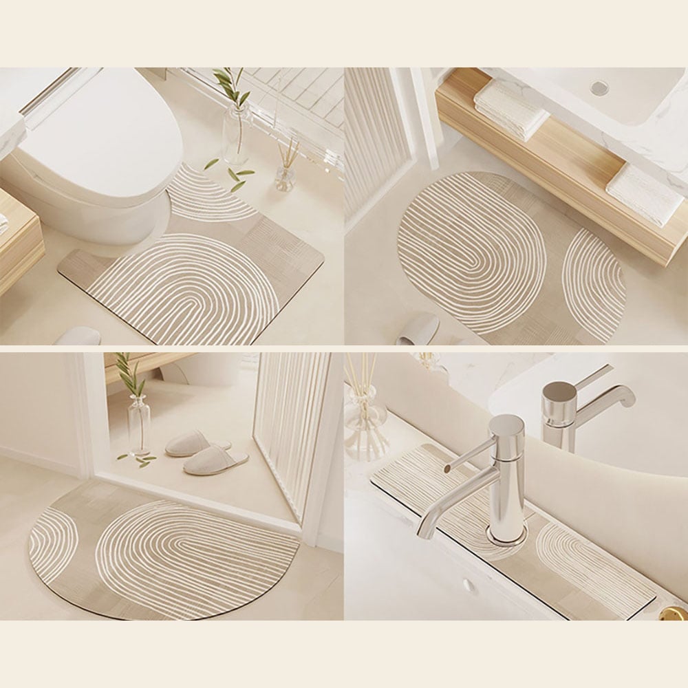 HMR - 4 Pieces Japandi Light Khaki Diatom Mud Non-Slip Bath Mat Abstract Bath Rug Set