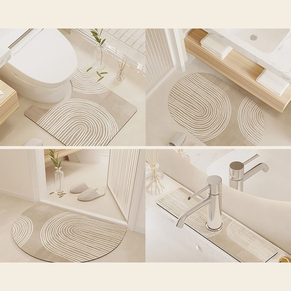 HMR - 4 Pieces Japandi Light Khaki Diatom Mud Non-Slip Bath Mat Abstract Bath Rug Set