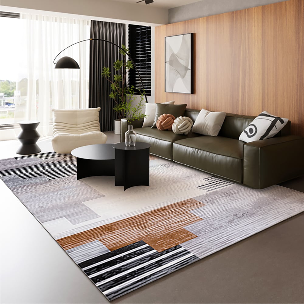 HMR - 5' x 7' Abstract Brown Rug Polyester Rectangular Machine Washable Living Room Area Mat
