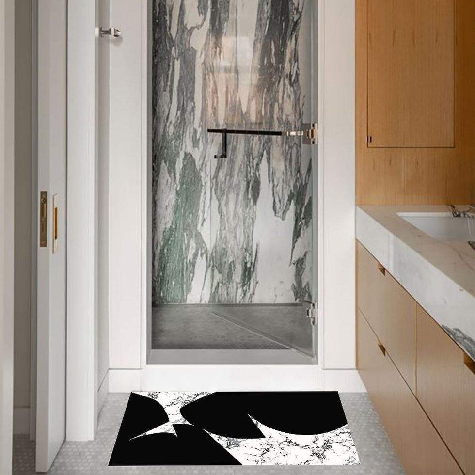 HMR - 2 Pieces Black&White Geometric Bath Mat Set Marble Texture Non-slip Absorbent Rug Sets