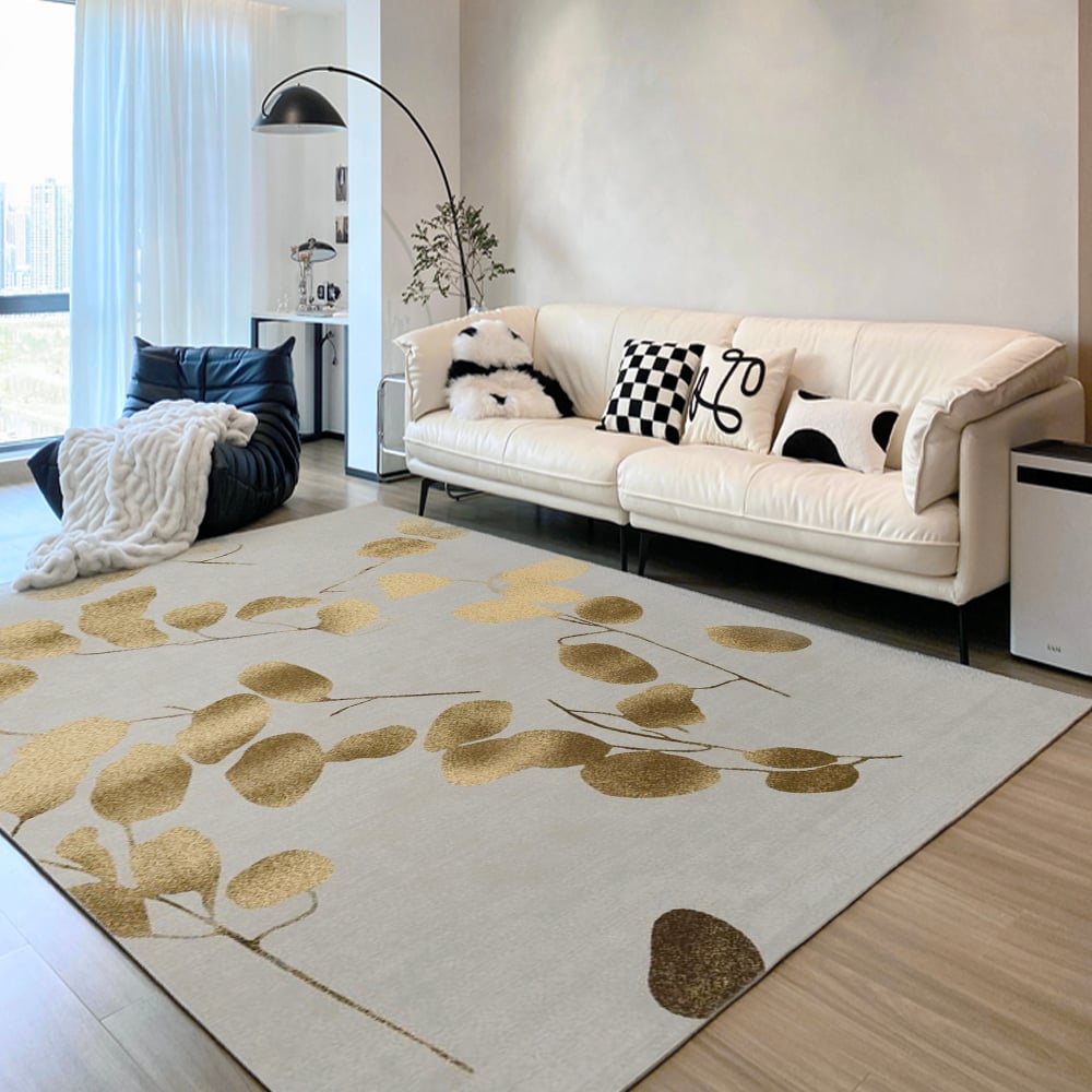 HMR - Modern Rectangle Area Rug with Gold Leaves Patter Nylon Rug