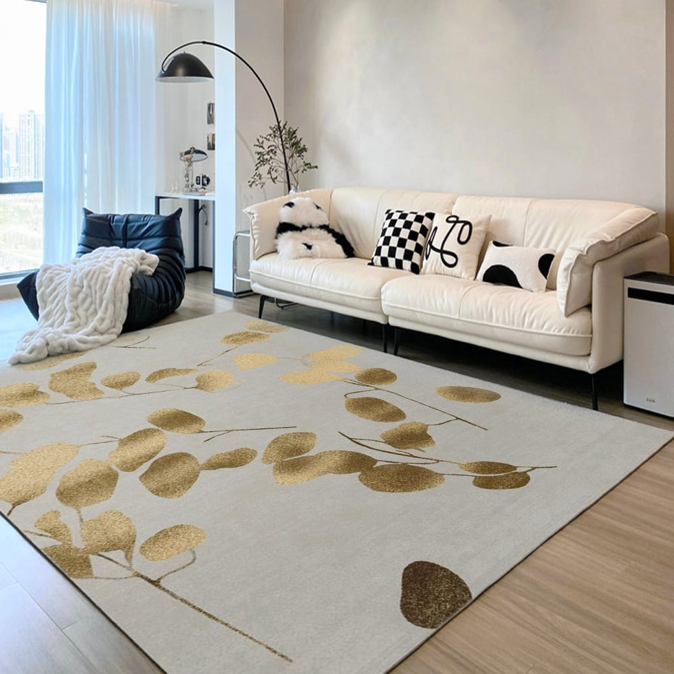 HMR - Modern Rectangle Area Rug with Gold Leaves Patter Nylon Rug