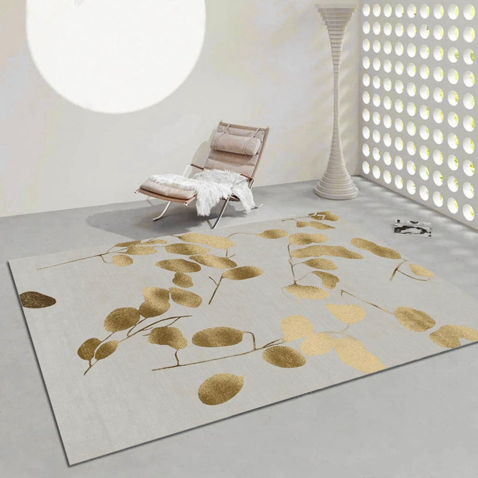 HMR - Modern Rectangle Area Rug with Gold Leaves Patter Nylon Rug