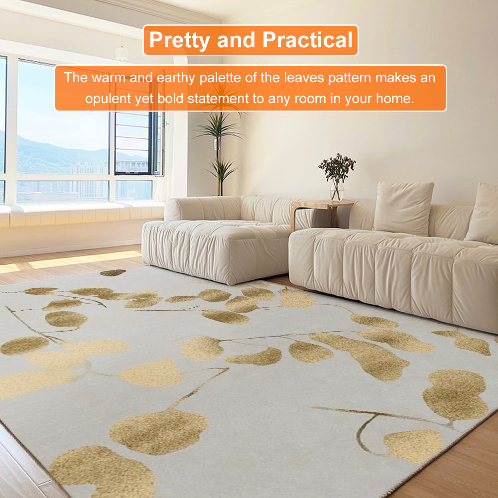 HMR - Modern Rectangle Area Rug with Gold Leaves Patter Nylon Rug