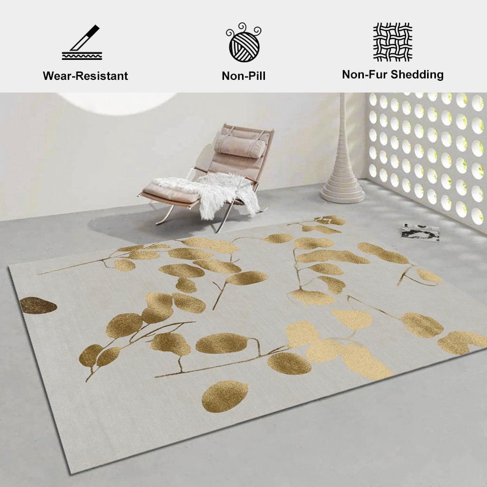 HMR - Modern Rectangle Area Rug with Gold Leaves Patter Nylon Rug