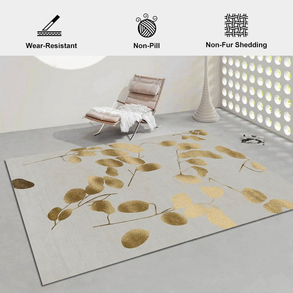HMR - Modern Rectangle Area Rug with Gold Leaves Patter Nylon Rug