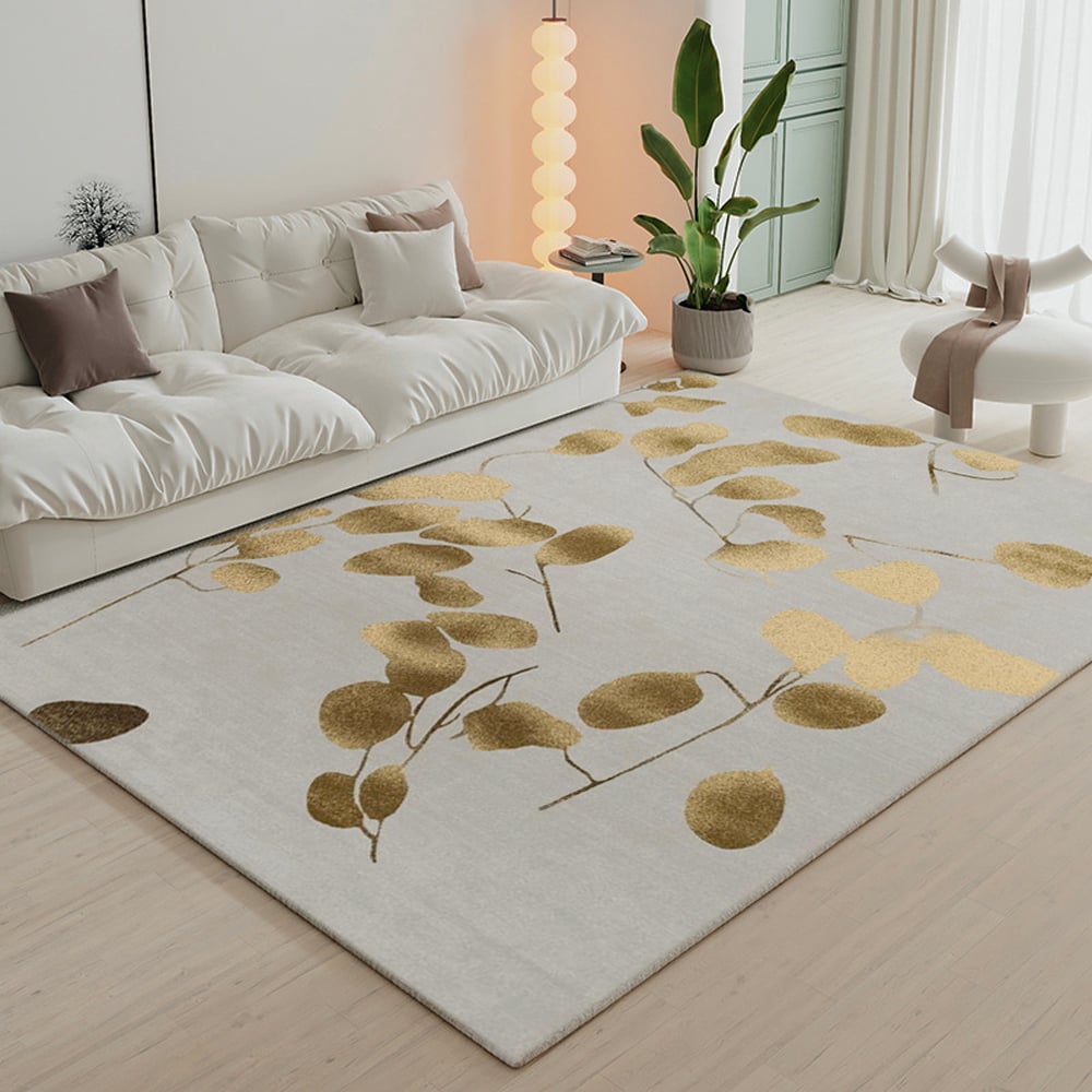 HMR - Modern Rectangle Area Rug with Gold Leaves Patter Nylon Rug