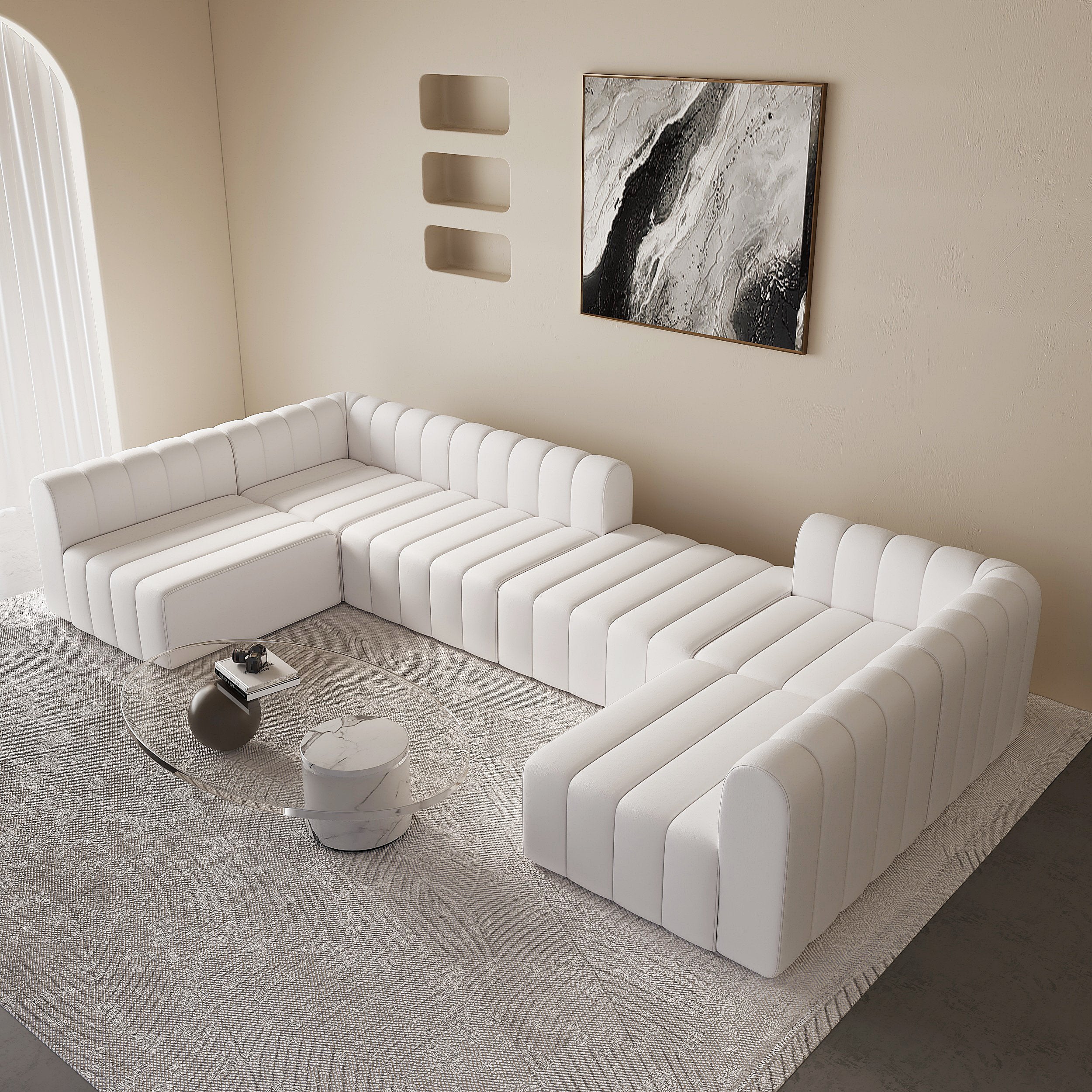 HMR - 118.9" Modular Pit Sectional Sofa Set Convertible 6-Seater