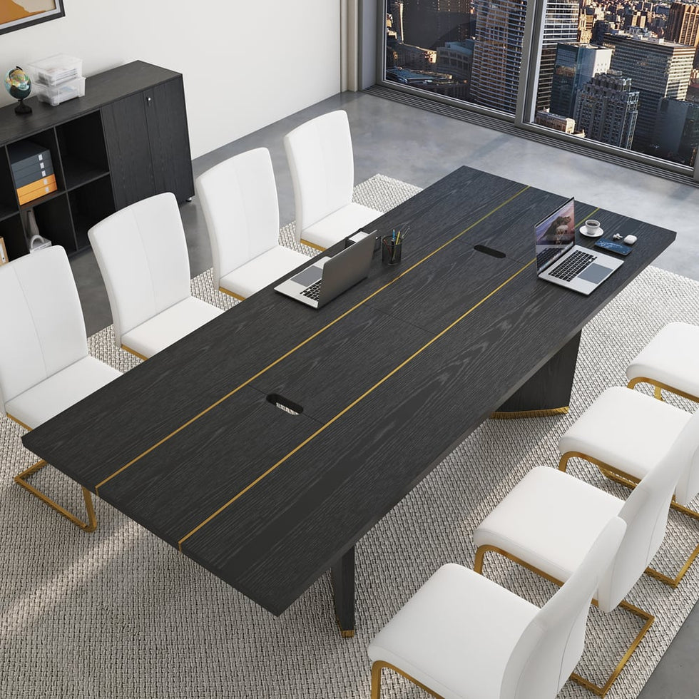 HMR - 94.5" Modern Black Long Meeting Conference Table Rectangle Table Cable Management