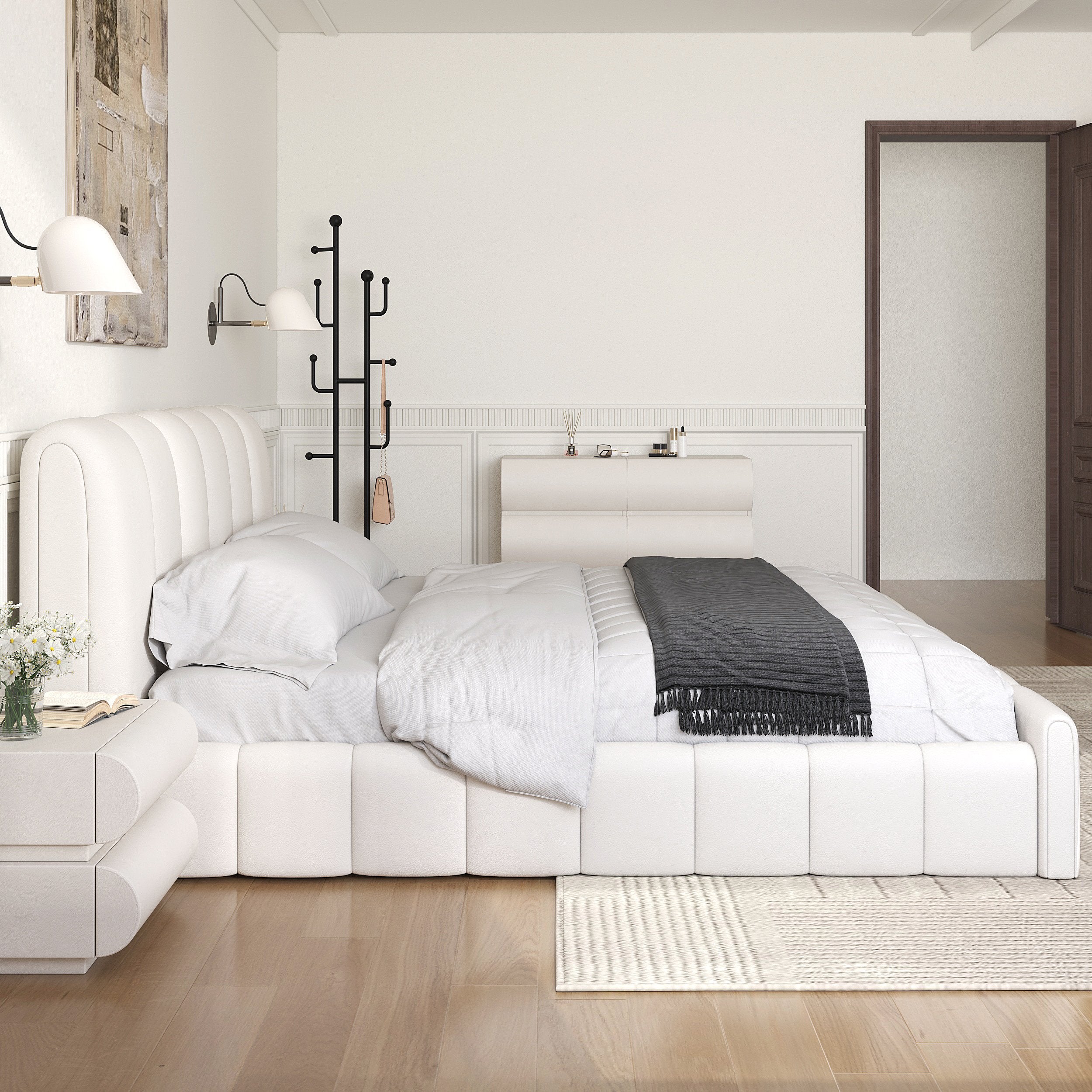 HMR - Humply White Leather Wingback King Bed Frame