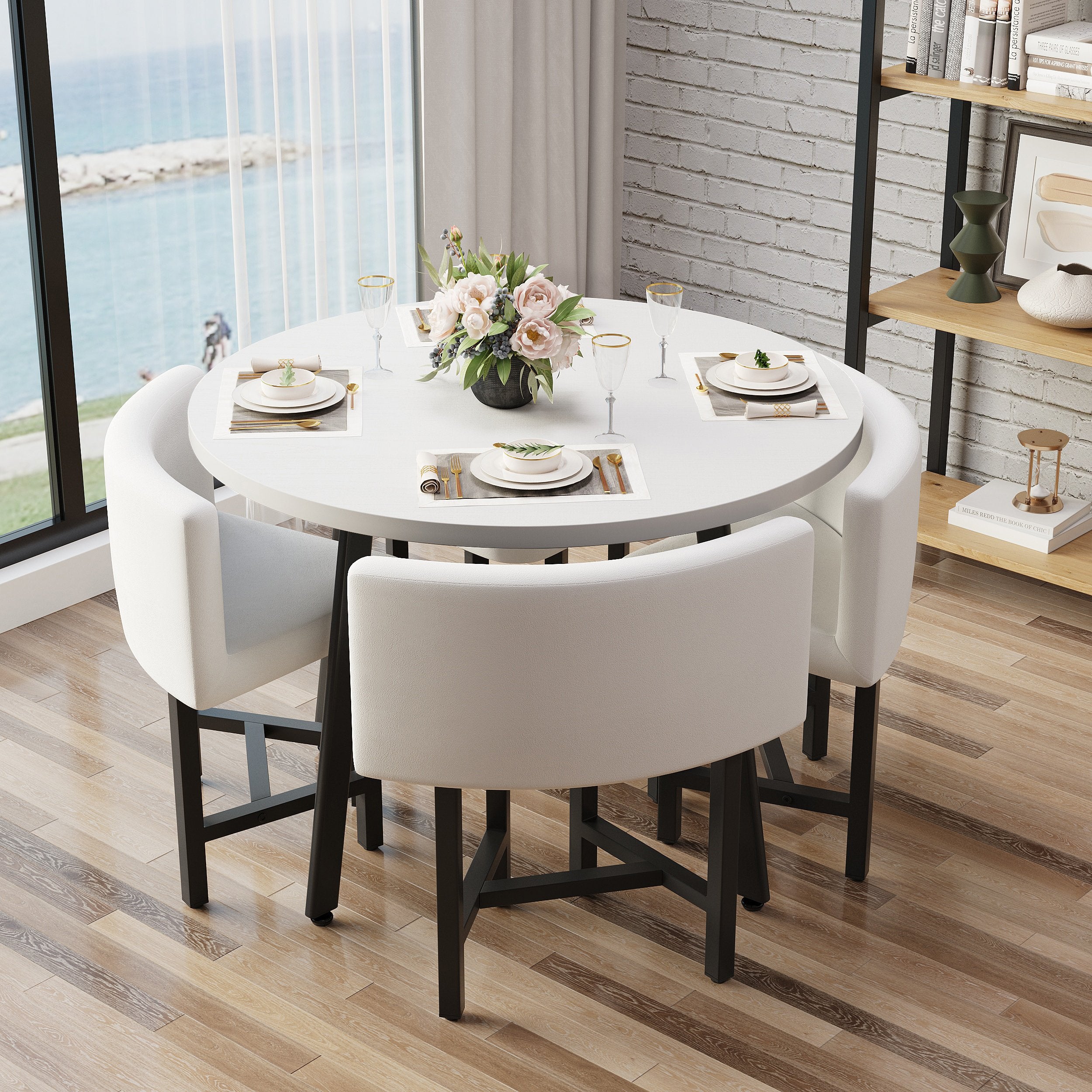 HMR - Dining Set 394 Modern Round Wood Dining Table with 4 Chairs