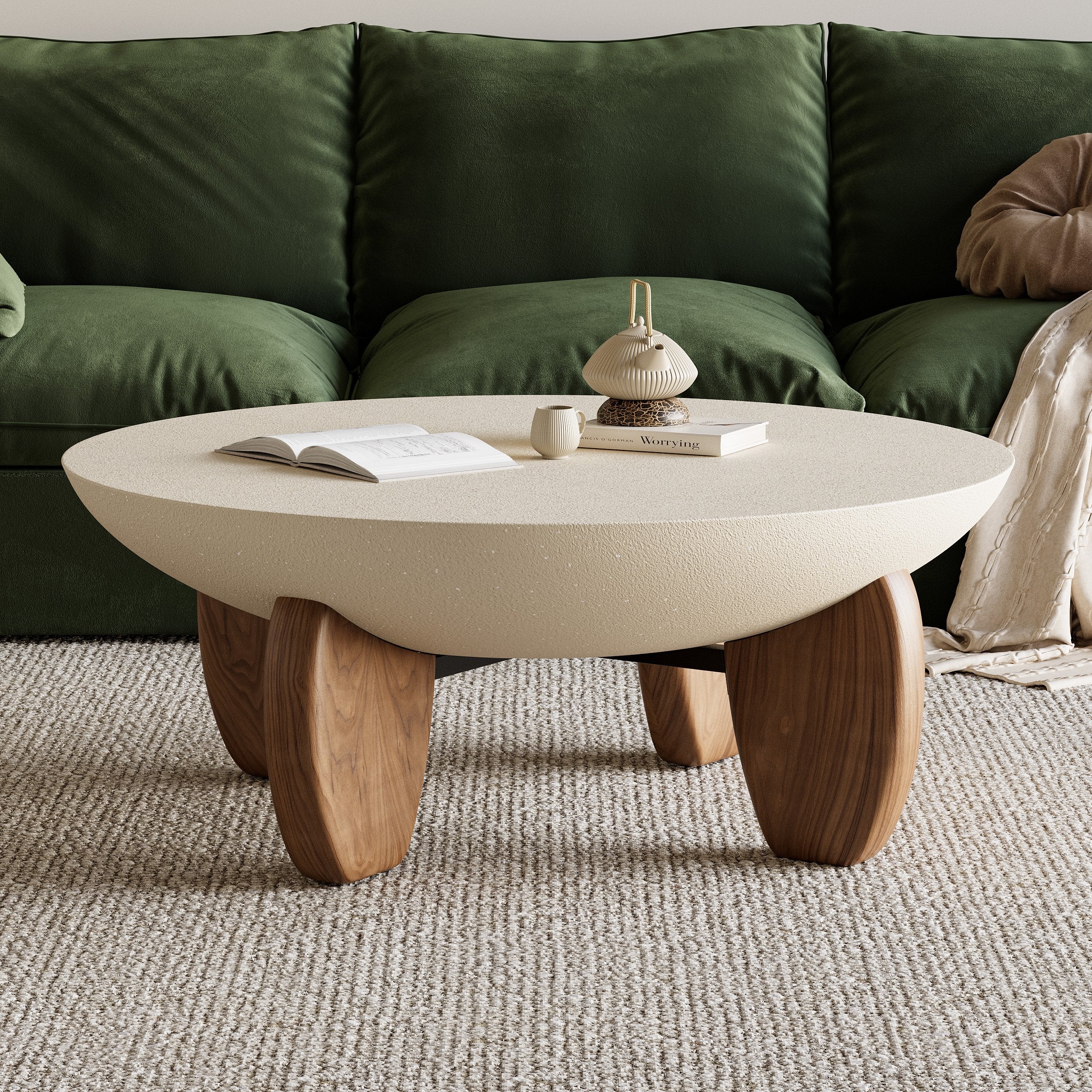 HMR - Curva Round Concrete Coffee Table with Wood Legs