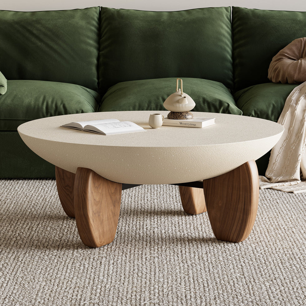 HMR - Curva Round Concrete Coffee Table with Wood Legs