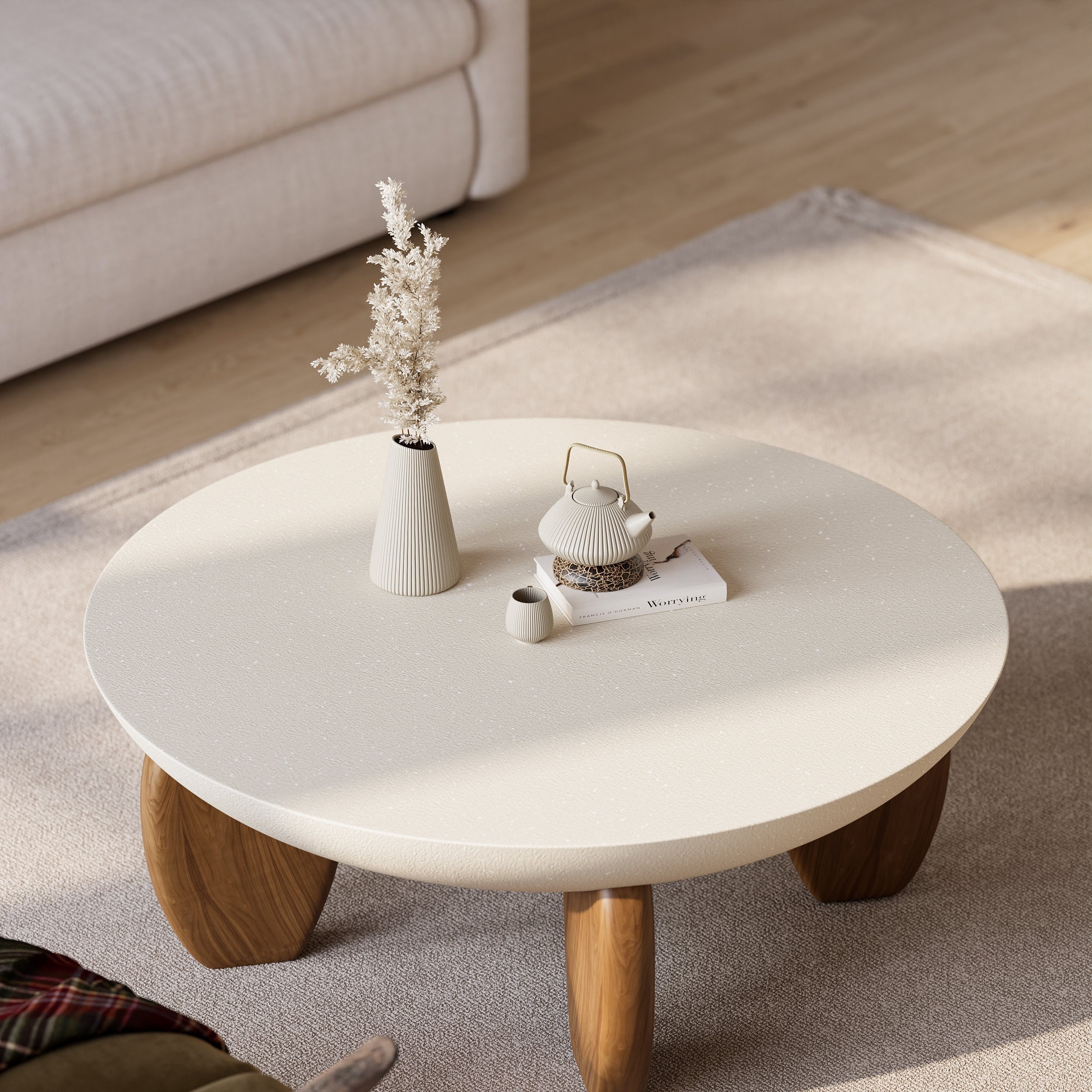HMR - Curva Round Concrete Coffee Table with Wood Legs