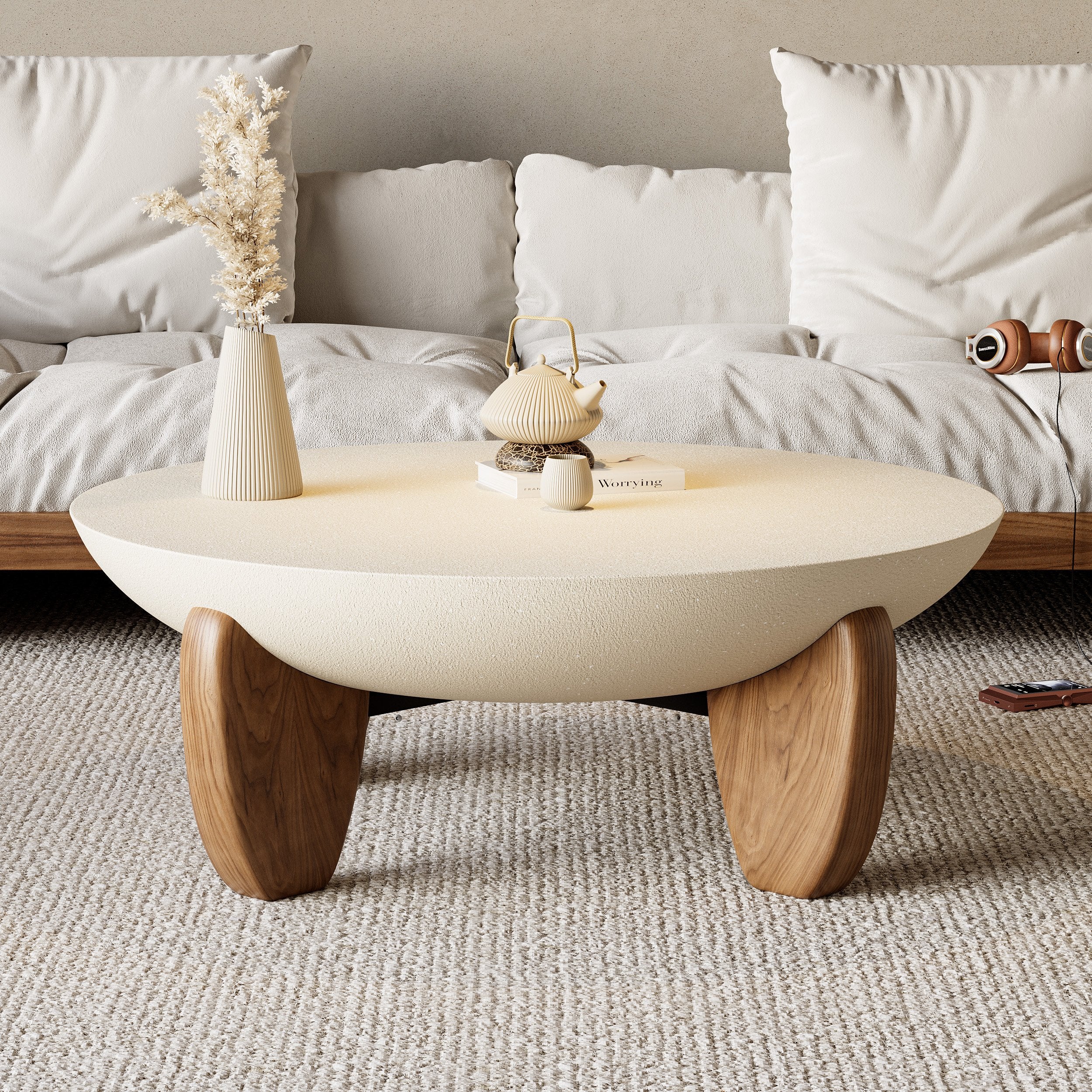 HMR - Curva Round Concrete Coffee Table with Wood Legs