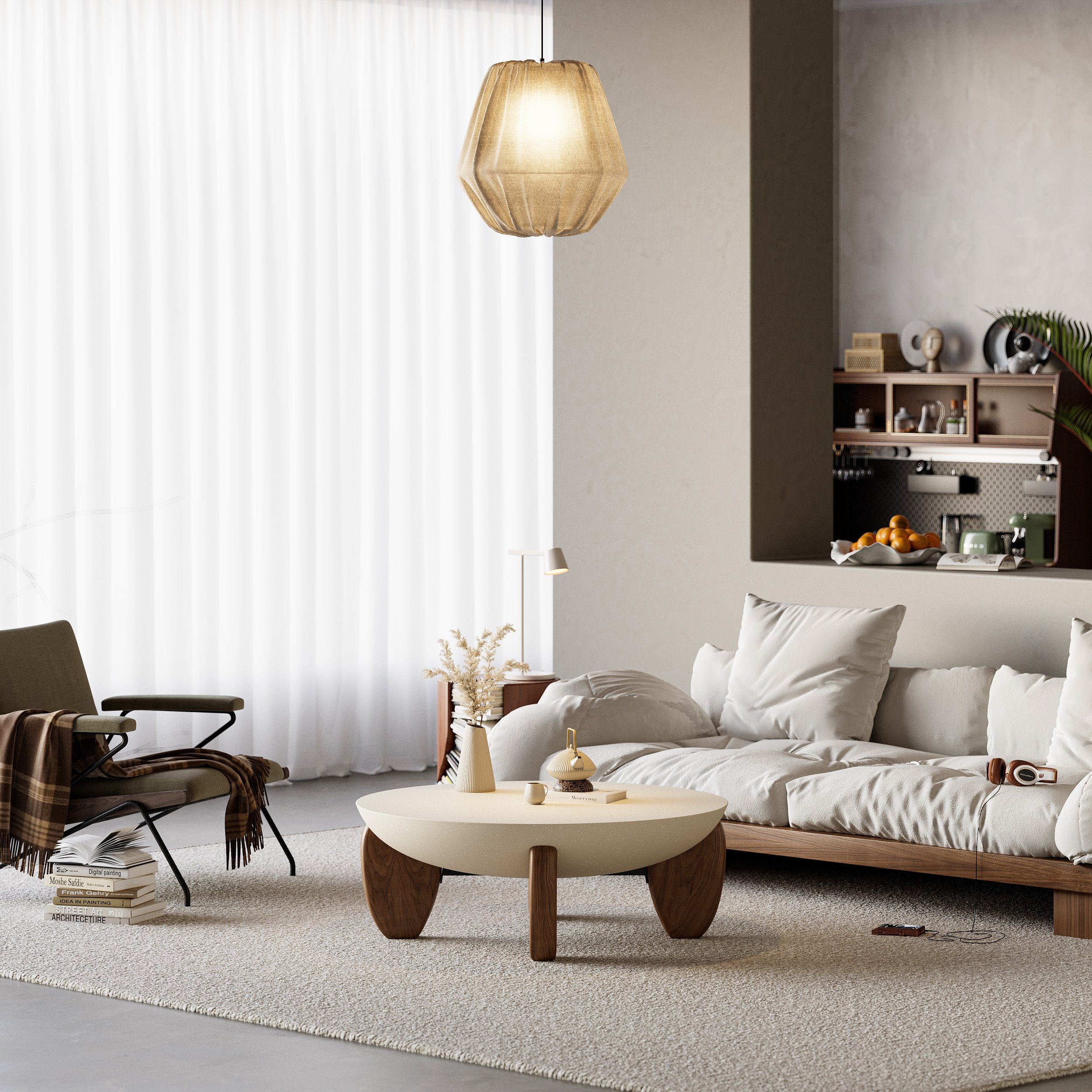HMR - Curva Round Concrete Coffee Table with Wood Legs