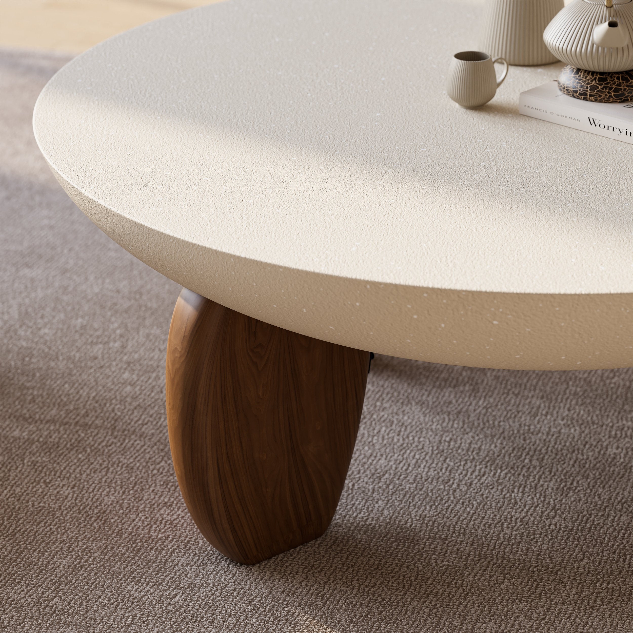 HMR - Curva Round Concrete Coffee Table with Wood Legs