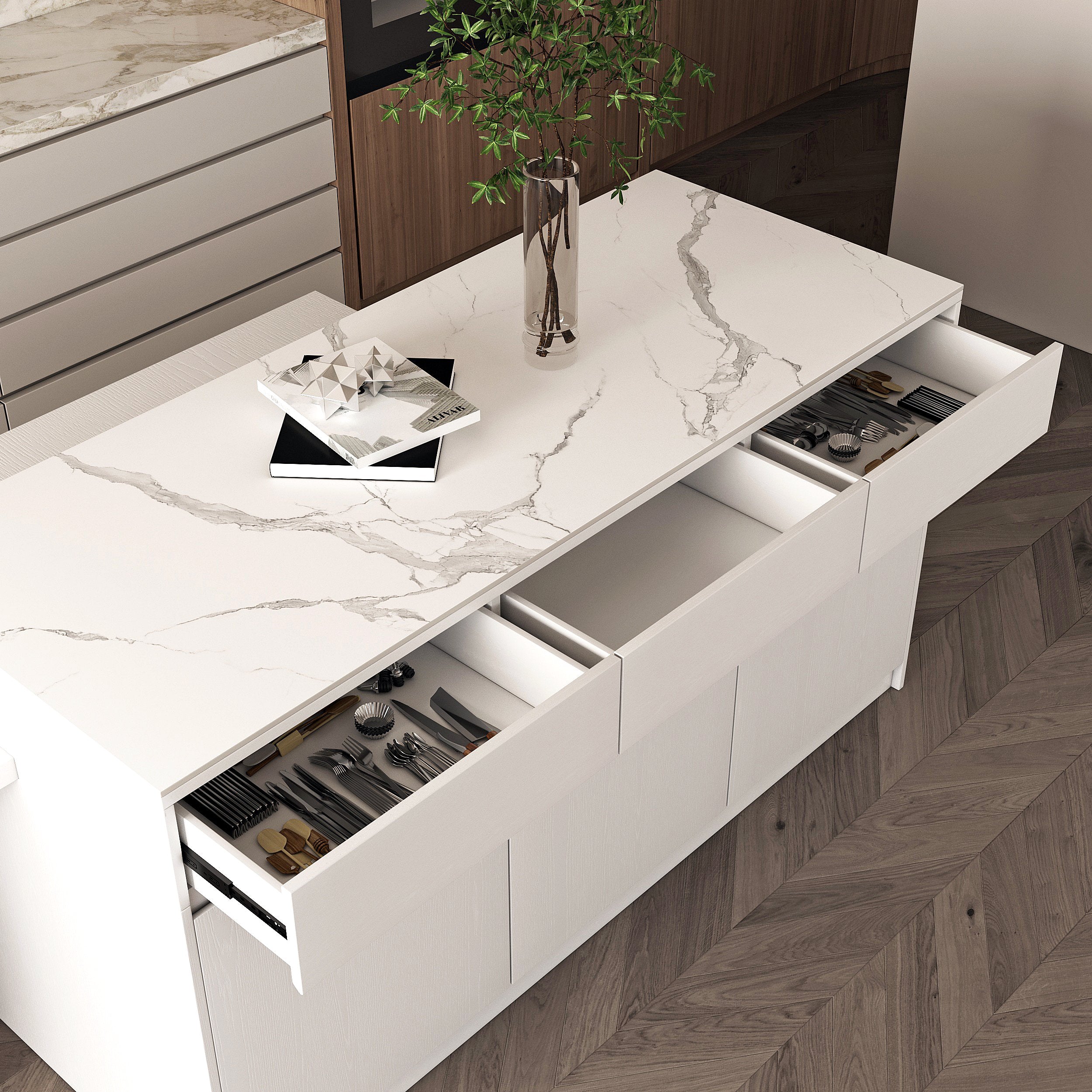 HMR - 81''-106" Extendable Kitchen lsland with Doors&Drawers