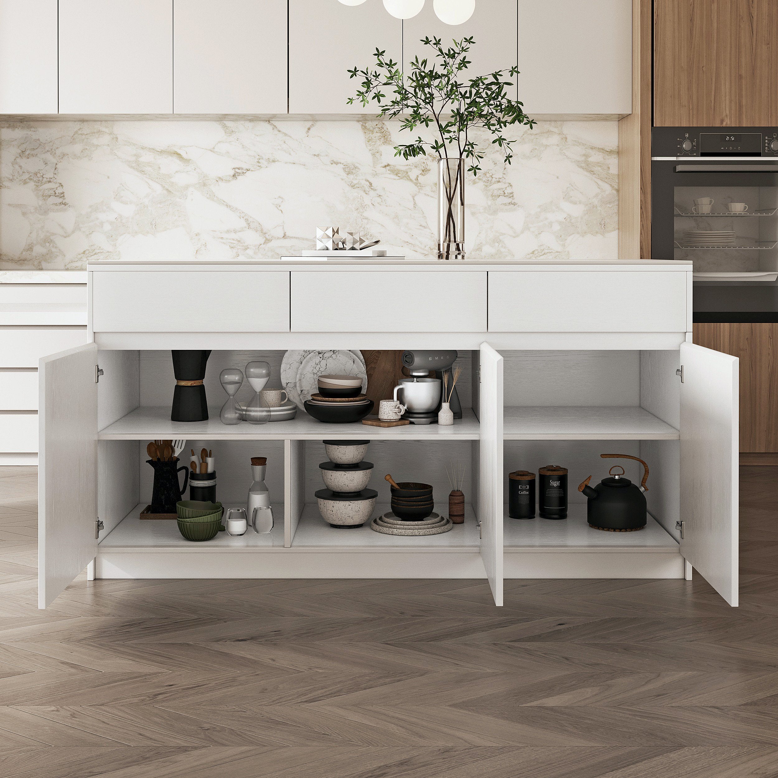 HMR - 81''-106" Extendable Kitchen lsland with Doors&Drawers