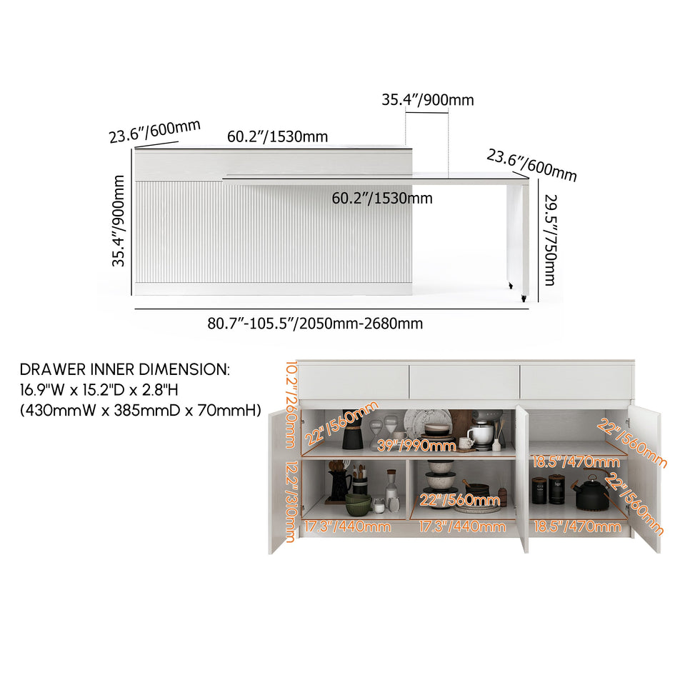 HMR - 81''-106" Extendable Kitchen lsland with Doors&Drawers