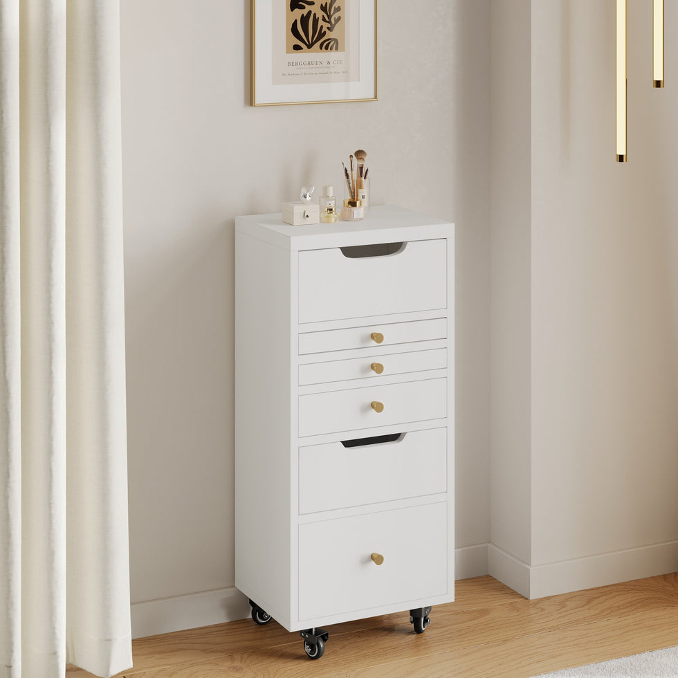 HMR - 5-Drawer Beauty Cart Dresser with LED Mirror & Jewelry Storage