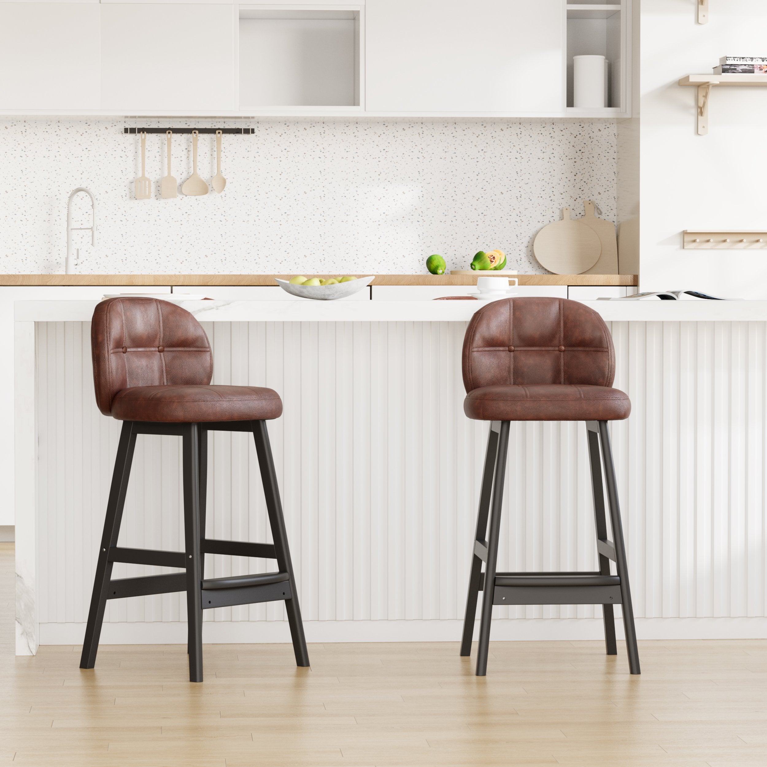 HMR - Rustic 30" Bar Stools with PU Leather Upholstery (Set of 2)