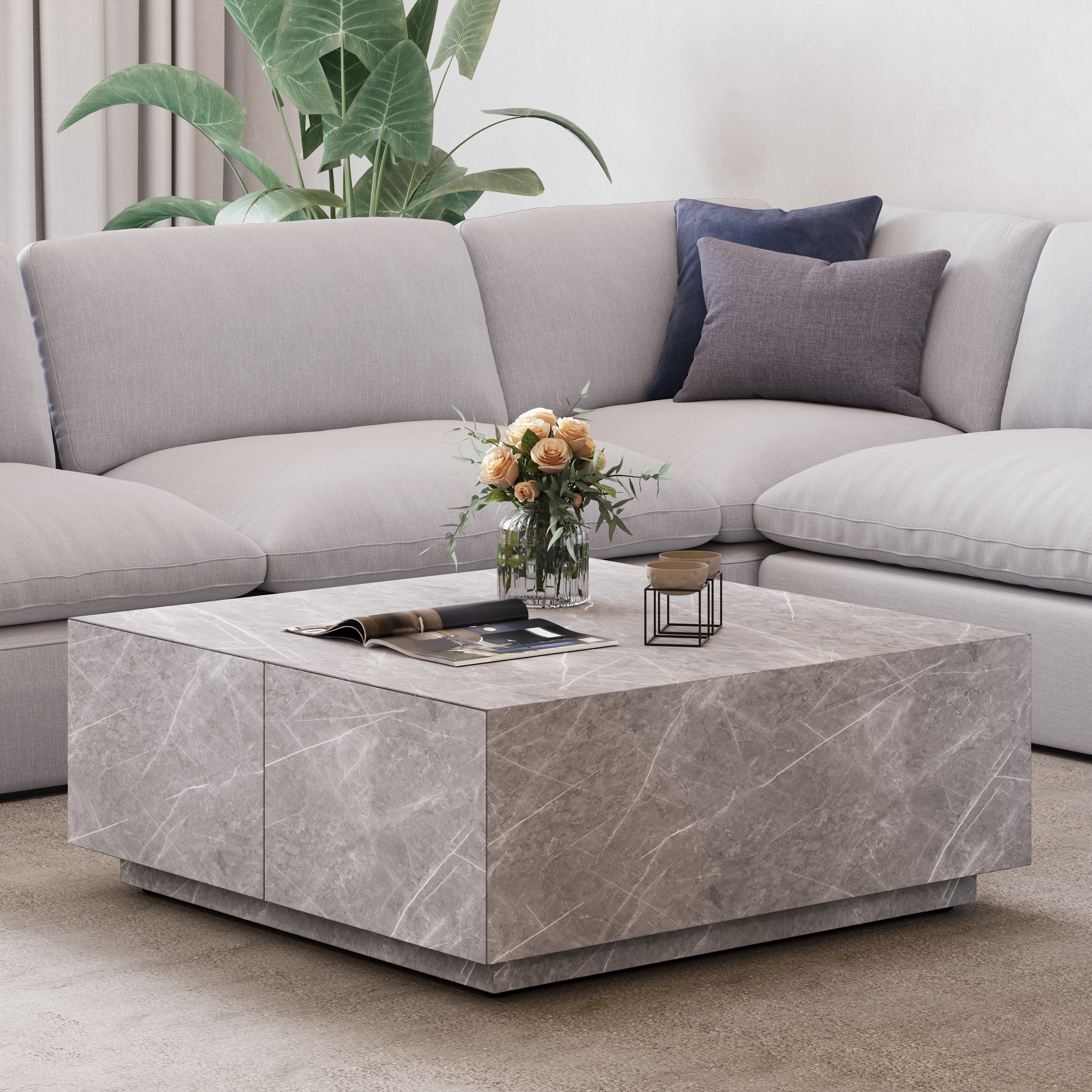 HMR - 35" Square Concrete Veneer Block Coffee Table with 4 Drawers