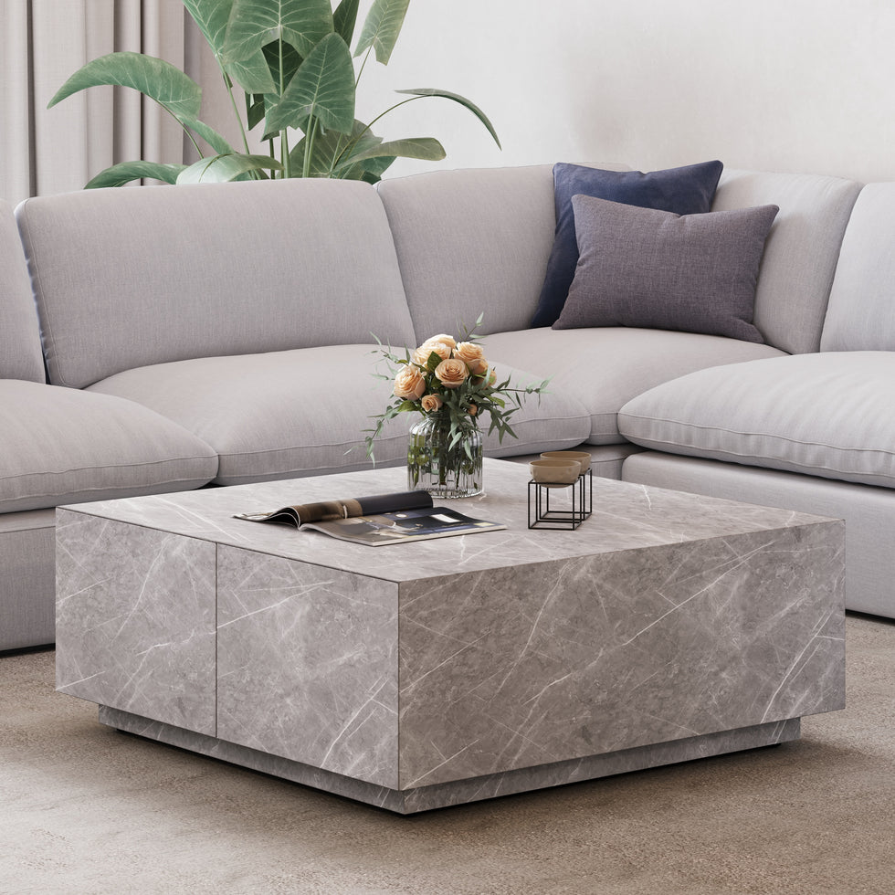 HMR - 35" Square Concrete Veneer Block Coffee Table with 4 Drawers