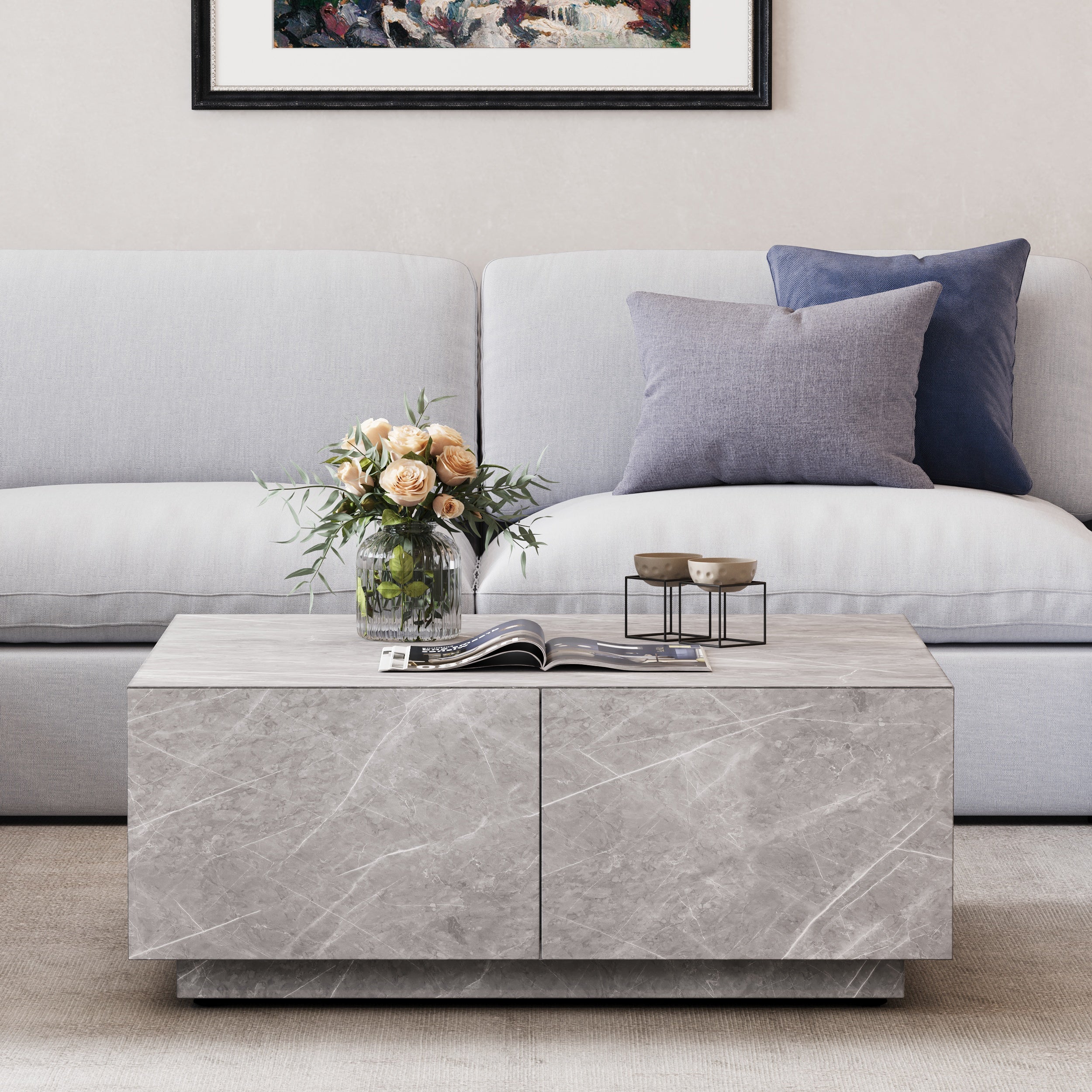 HMR - 35" Square Concrete Veneer Block Coffee Table with 4 Drawers