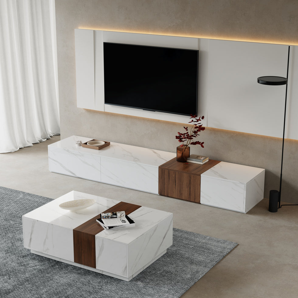 HMR - Vewal Wood Block TV Stand & Coffee Table Set