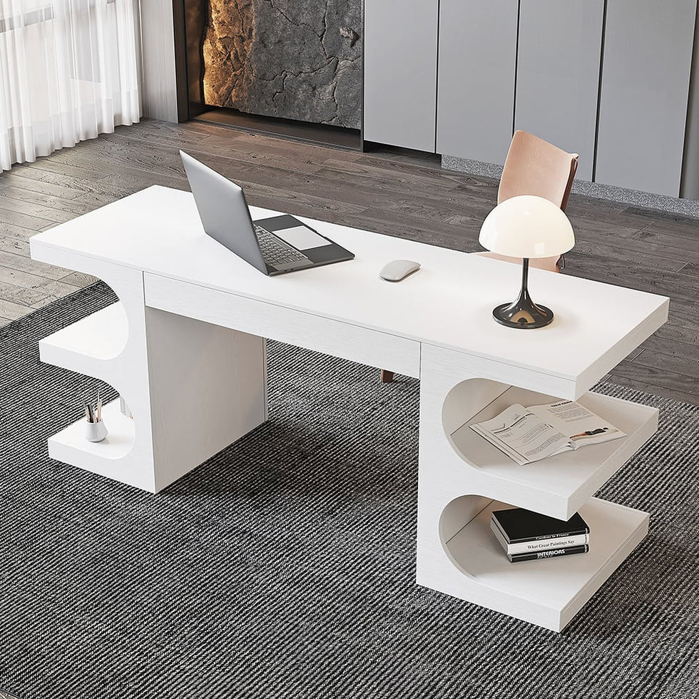 HMR - 64.2" Modern Writing Desk Office Desk with 1 Drawer & 4 Open Shelves
