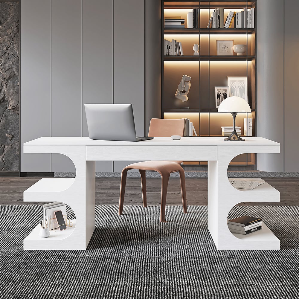 HMR - 64.2" Modern Writing Desk Office Desk with 1 Drawer & 4 Open Shelves