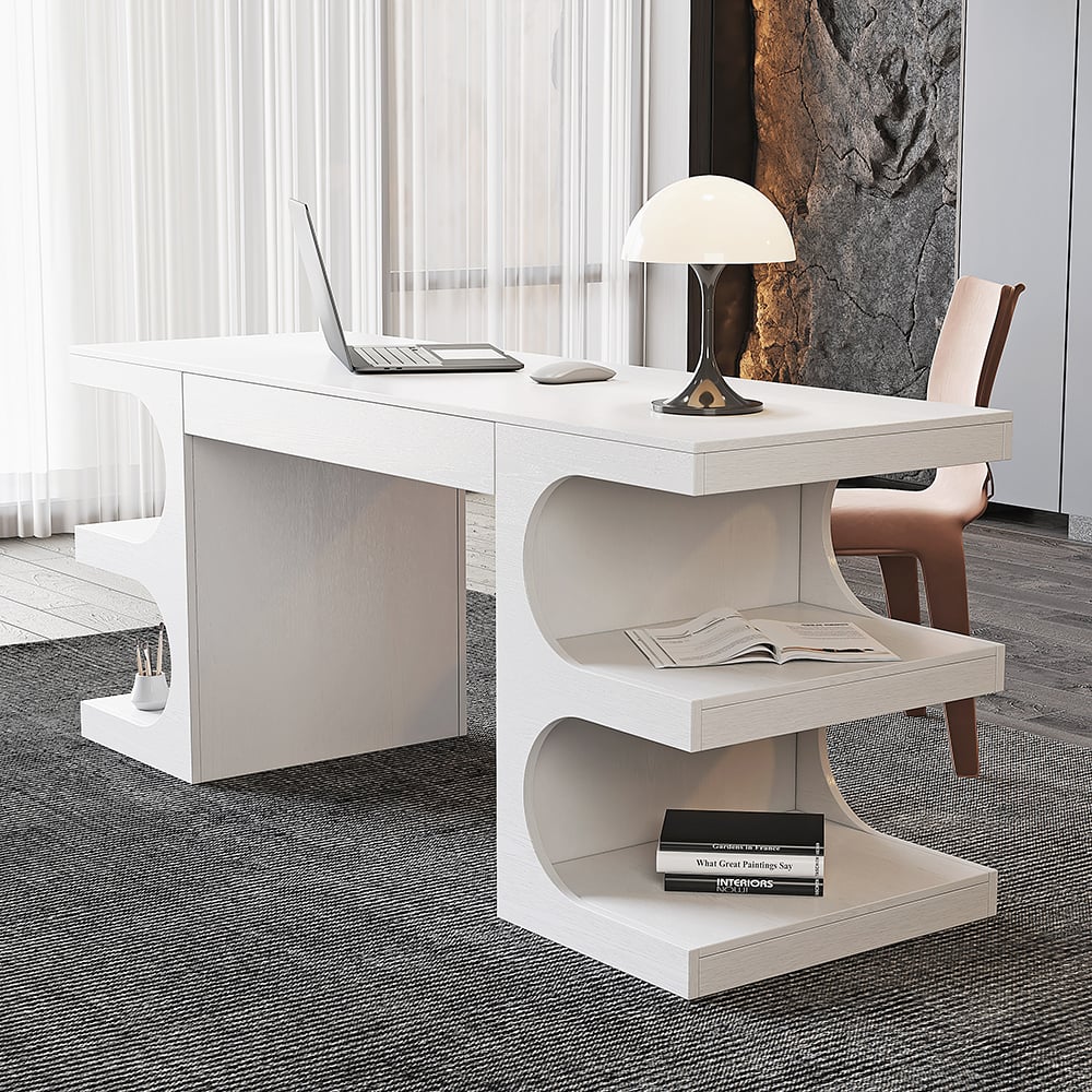 HMR - 64.2" Modern Writing Desk Office Desk with 1 Drawer & 4 Open Shelves