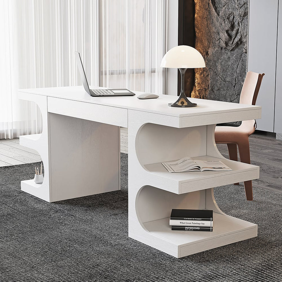 HMR - 64.2" Modern Writing Desk Office Desk with 1 Drawer & 4 Open Shelves