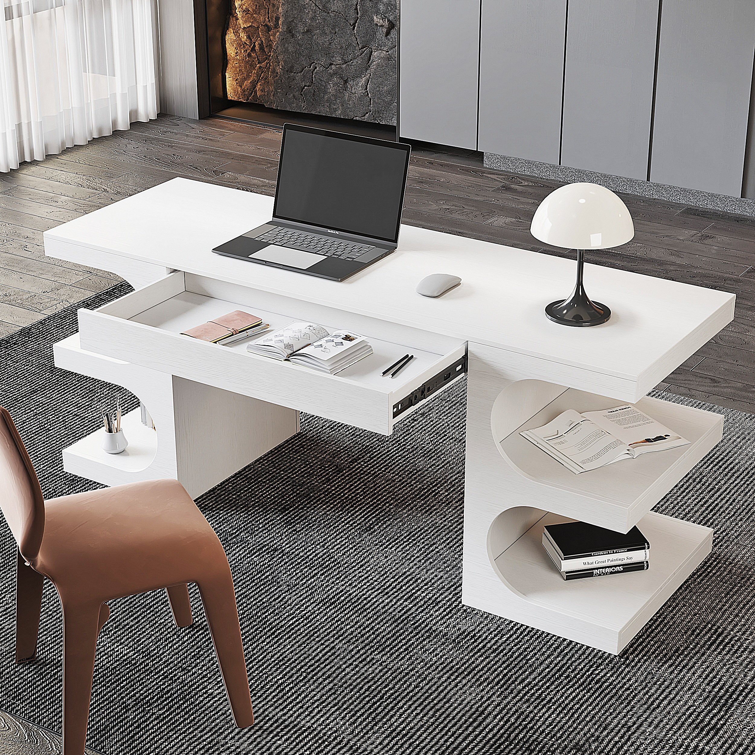 HMR - 64.2" Modern Writing Desk Office Desk with 1 Drawer & 4 Open Shelves