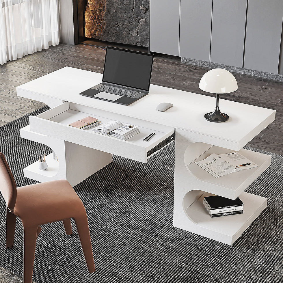 HMR - 64.2" Modern Writing Desk Office Desk with 1 Drawer & 4 Open Shelves