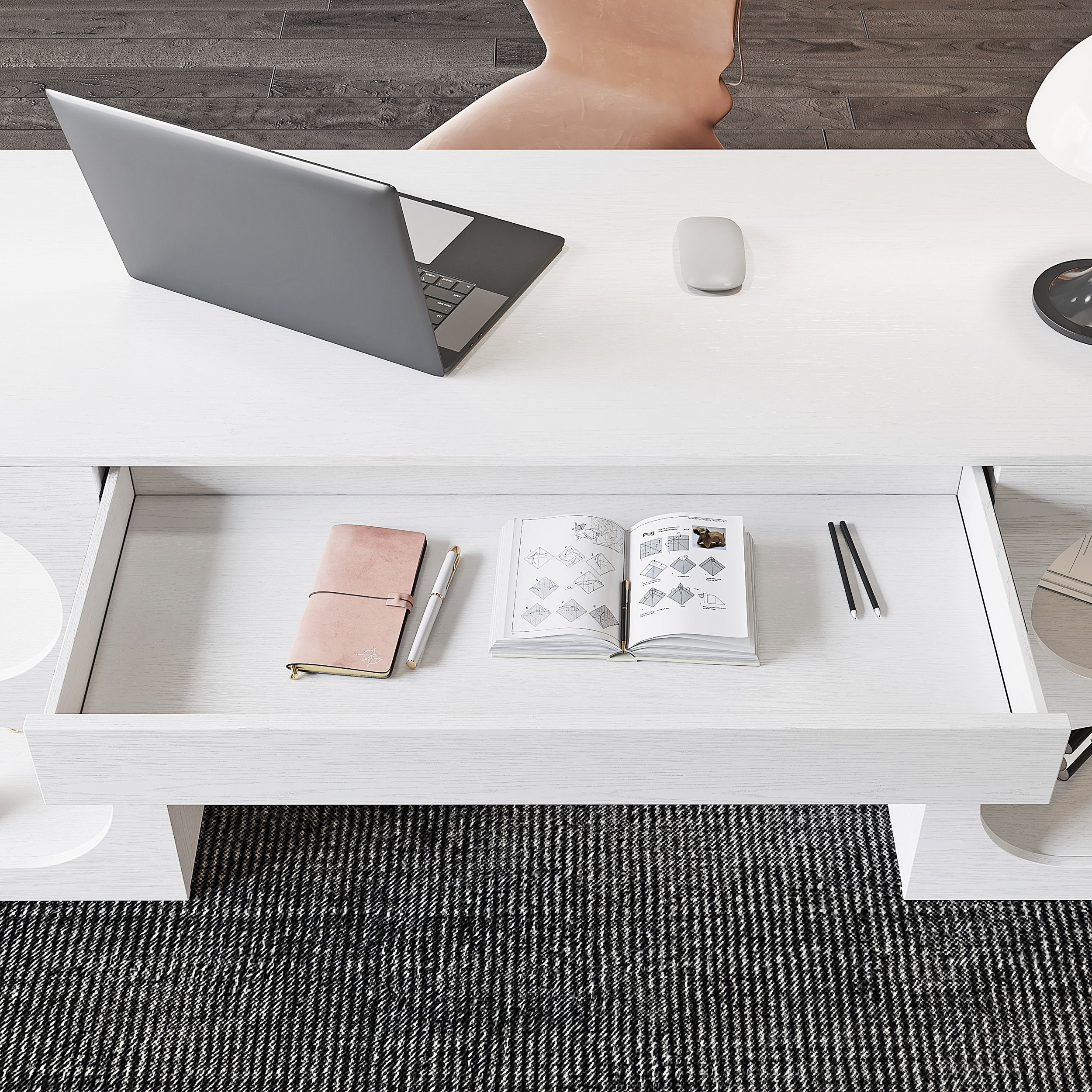 HMR - 64.2" Modern Writing Desk Office Desk with 1 Drawer & 4 Open Shelves