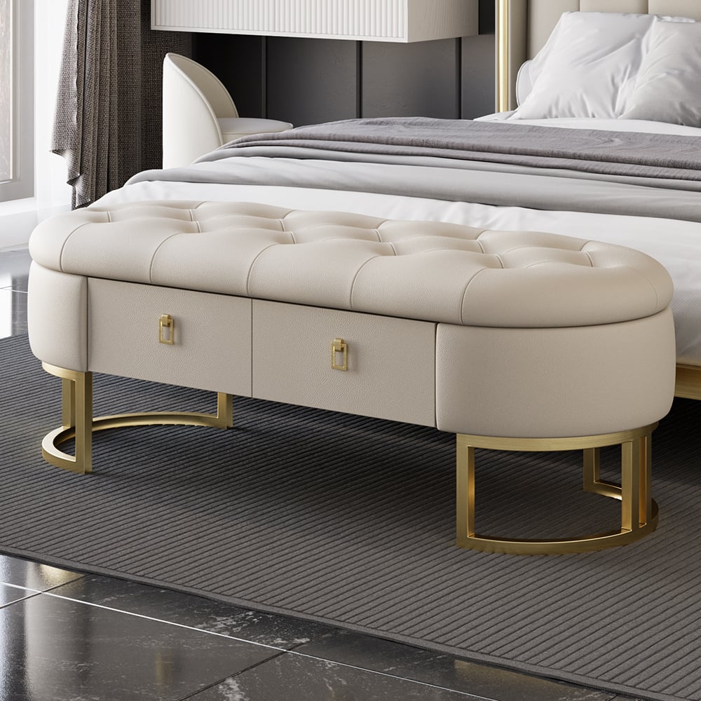 HMR - Modern Beige Bedroom Storage Tufted Bench with 2 Drawers in Leather Upholstery