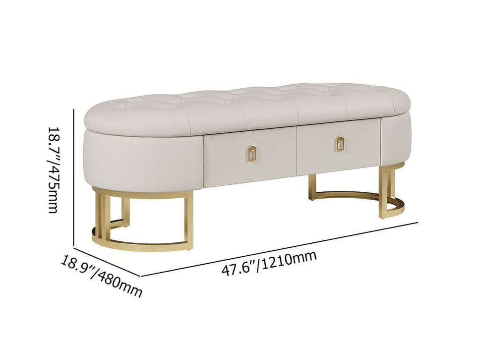 HMR - Modern Beige Bedroom Storage Tufted Bench with 2 Drawers in Leather Upholstery