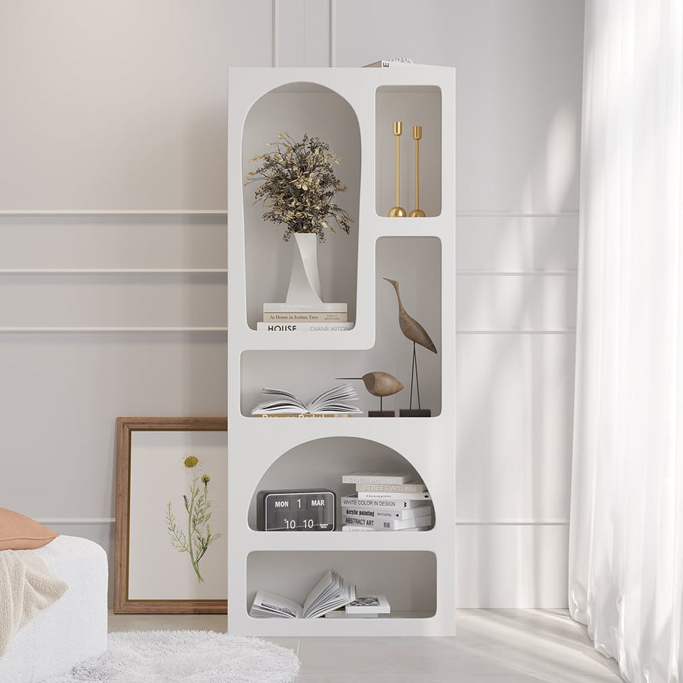 HMR - Codiys 59.1" Art Deco White Arched Bookcase Tall Open Geometric Japandi Bookshelf Wood