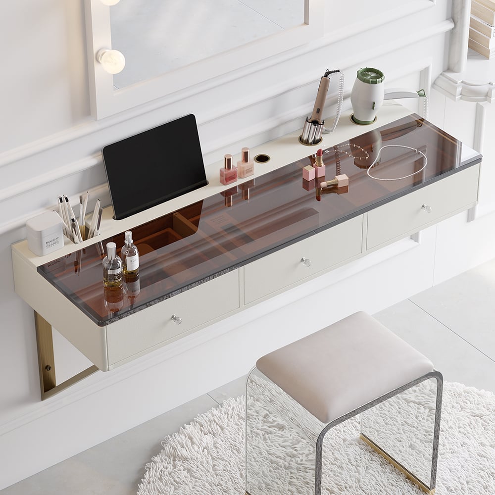 HMR - 47 Leather Floating Tempered Glass Top Makeup Vanity