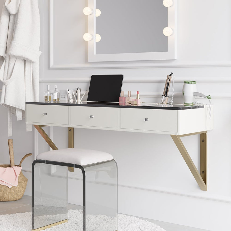 HMR - 47 Leather Floating Tempered Glass Top Makeup Vanity