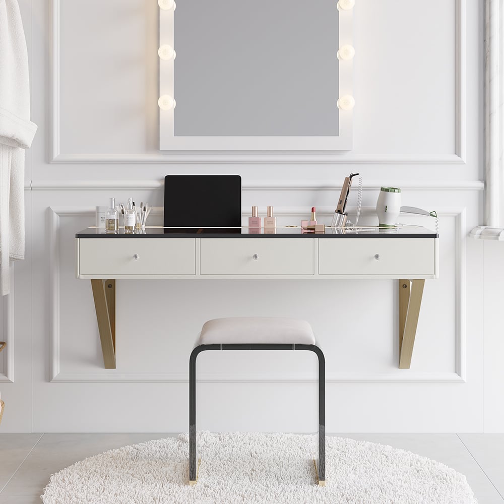 HMR - 47 Leather Floating Tempered Glass Top Makeup Vanity