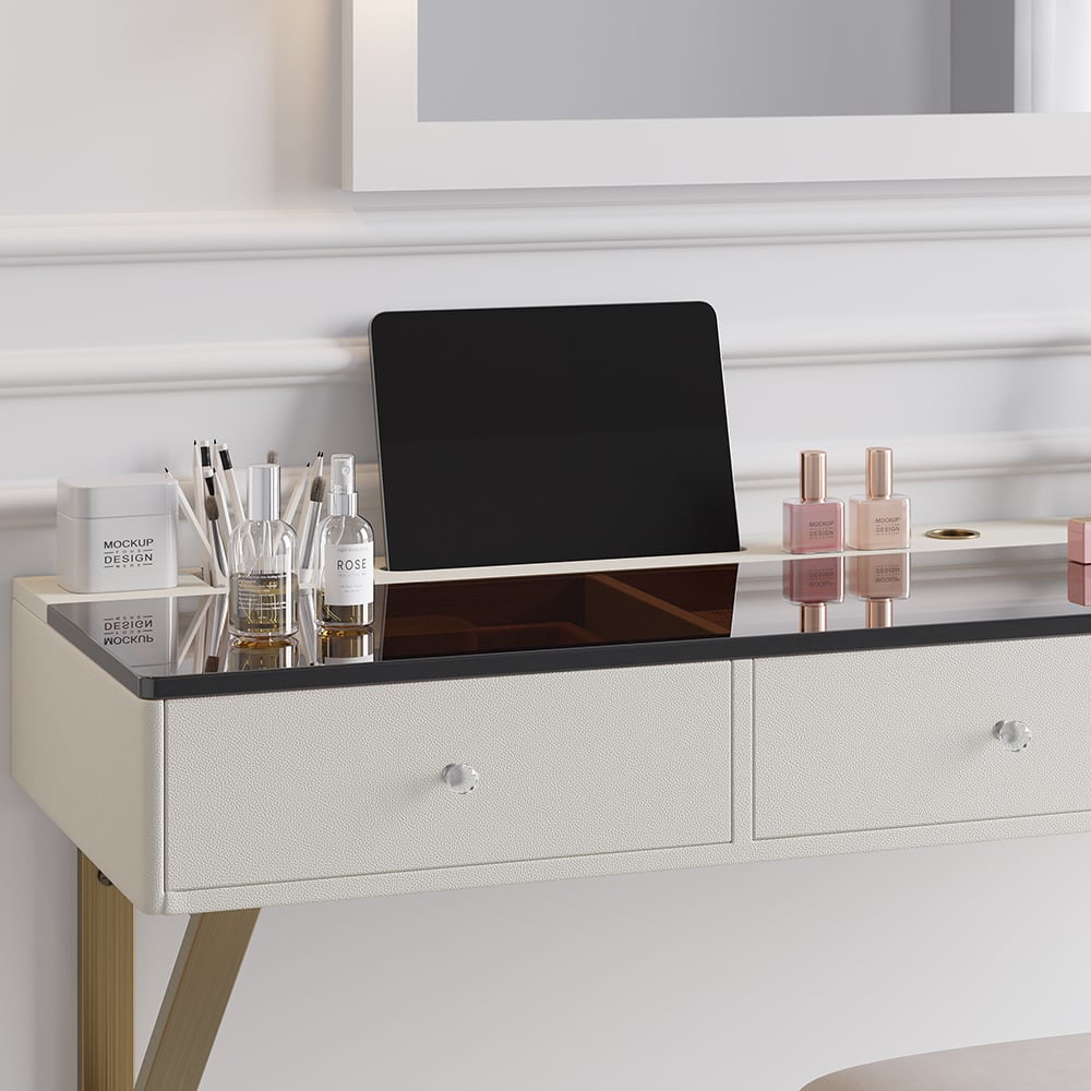 HMR - 47 Leather Floating Tempered Glass Top Makeup Vanity