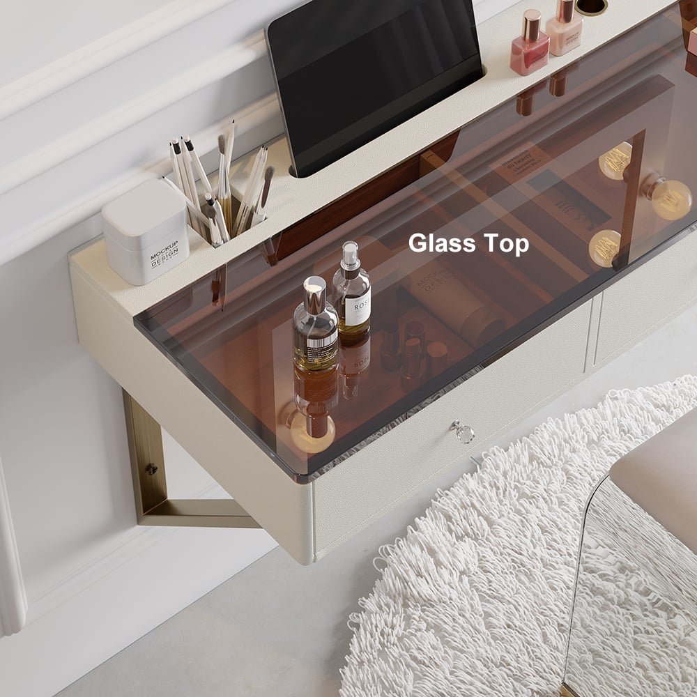 HMR - 47 Leather Floating Tempered Glass Top Makeup Vanity